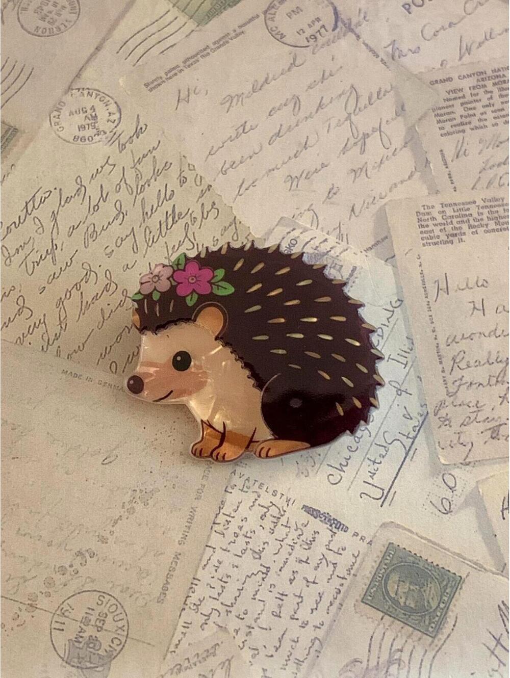 Cute Floral Hedgehog Acrylic Novelty Statement Brooch Pin Fashion Jewelry Gift